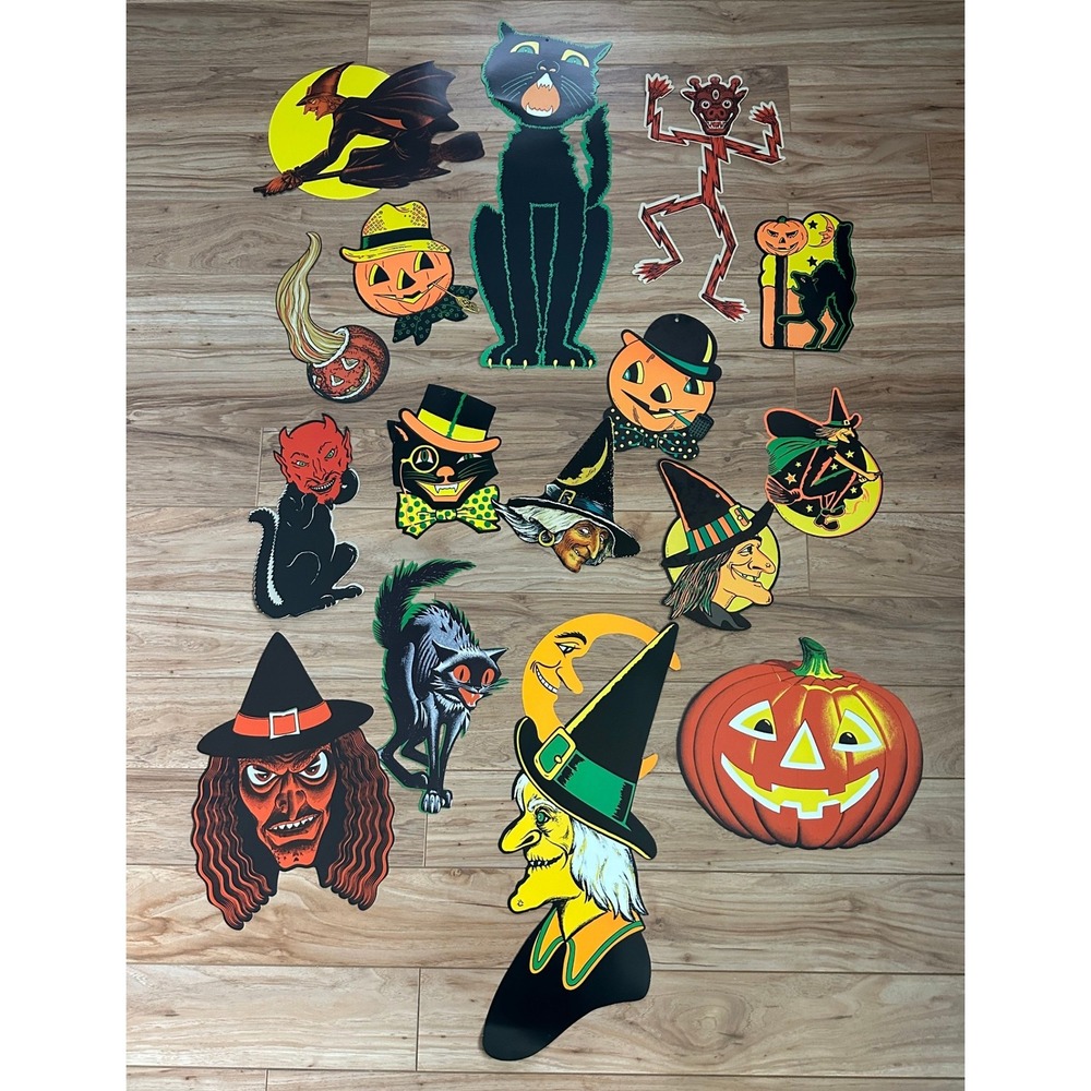 Beistle 16 Piece Reproduction Halloween Die Cut Decor Set Witches Cats Pumpkins